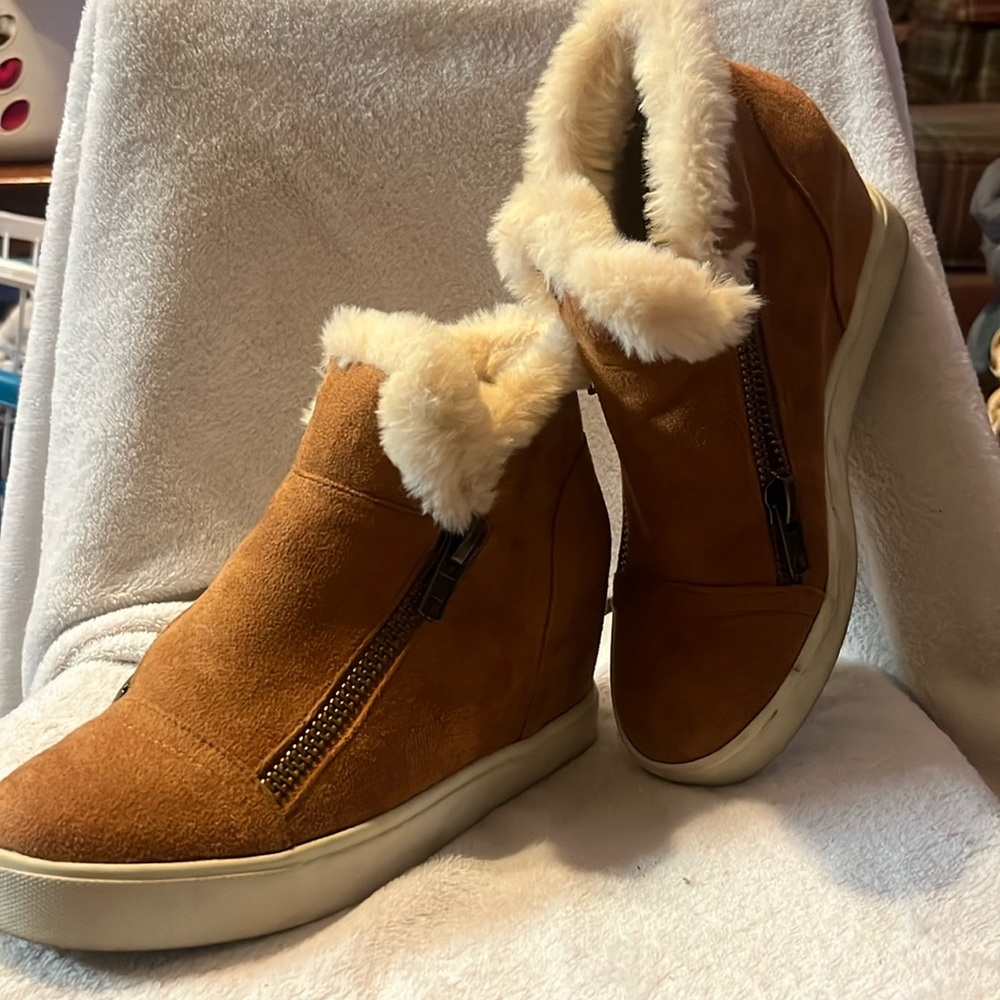 Tan Wedge booties with zip closure